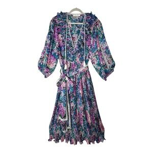 Diane Freis Maxi Dress Women's 1X Floral Pleated Smocked Waist Y2K Long Sleeve
